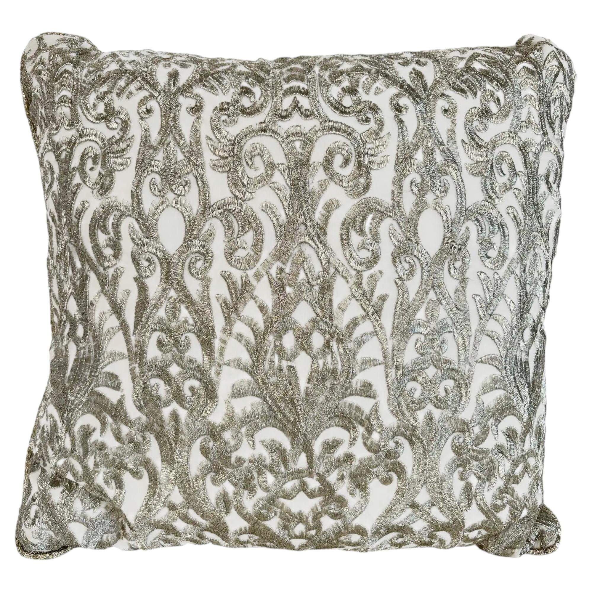 Turkish Ottoman Revival Silver Metallic Embroidered Linen Decorative Pillow For Sale
