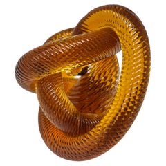 Signed Amber & Cognac Art Glass Infinity Knot Sculpture, Serpentine Texture