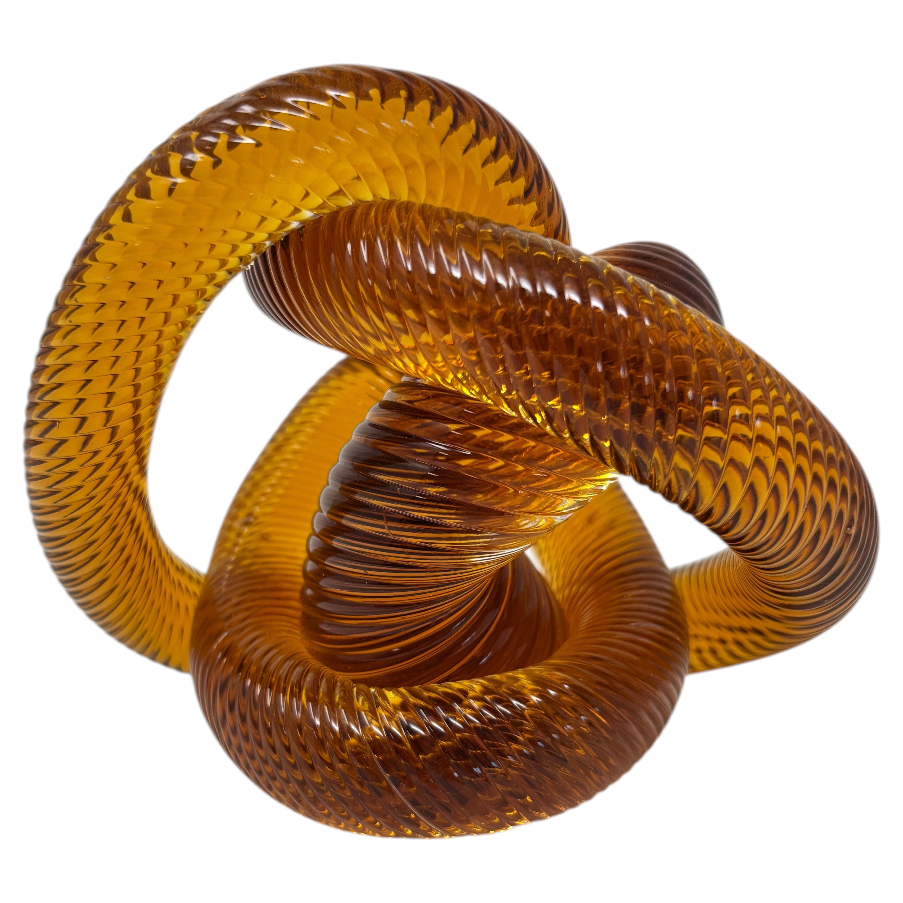Signed Amber & Cognac Art Glass Infinity Knot Sculpture, Serpentine Texture For Sale