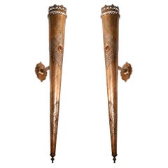 Pair of Monumental Moroccan Moorish Pierced Brass Wall Torchiere Sconces