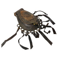 Antique West African Nupe Cast Bronze Ceremonial Purse with Leather Tassels