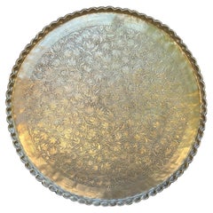 Antique Islamic Mughal Rajasthani Large Moorish Round Brass Tray with Crest Edge