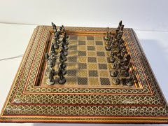Vintage Persian Khatam Marquetry Chess Set with Figural Metal Pieces, circa 1950