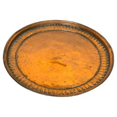 Large Antique Hand-Hammered Copper Tray with Fluted Border, 22 Inch