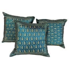 Set of 3 Indian Peacock Teal Blue Gold Zari Brocade Beaded Throw Pillows