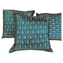 Set of 3 Indian Peacock Teal Blue Gold Zari Brocade Beaded Throw Pillows