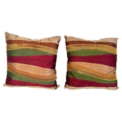 Pair of Multicolor Striped Silk-Style Patchwork Throw Pillows, Burgundy and Oliv