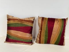 Pair of Multicolor Striped Silk-Style Patchwork Throw Pillows, Burgundy and Oliv