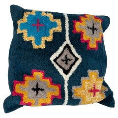 Moroccan Berber Style Wool Tufted Pillow, Teal Blue Multicolor Tribal, 22 in.