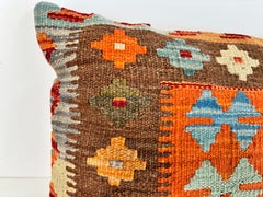 Vintage Turkish Anatolian Kilim Wool Throw Pillow with Geometric Tribal Motifs