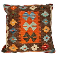 Vintage Turkish Anatolian Kilim Wool Throw Pillow with Geometric Tribal Motifs