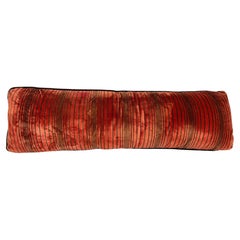 Vintage Coral Red Striped Velvet Extra-Long Lumbar Pillow with Braided Leather