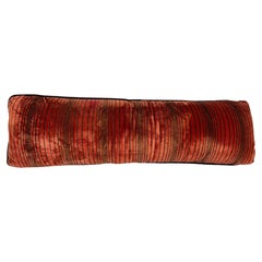 Vintage Coral Red Striped Velvet Extra-Long Lumbar Pillow with Braided Leather