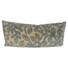 Blue Botanical Embroidered Linen Extra-Long Lumbar Pillow with Raised Leaf Motif
