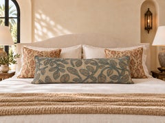 Blue Botanical Embroidered Linen Extra-Long Lumbar Pillow with Raised Leaf Motif