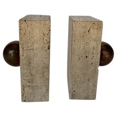 Italian Modernist Travertine and Brass Sphere Bookends, 1970s Design