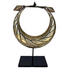 Vintage Hmong Miao Ceremonial Crescent Collar Necklace with Leaf Motif on Stand