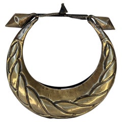Vintage Hmong Miao Ceremonial Crescent Collar Necklace with Leaf Motif on Stand