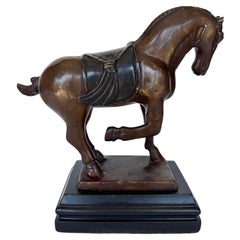 Vintage Cast Bronze Saddled Horse Sculpture with Dark Patina on Black Base