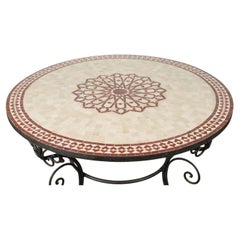 Vintage Moroccan Outdoor Round Mosaic Tile Dining Table on Iron Base 47 in.