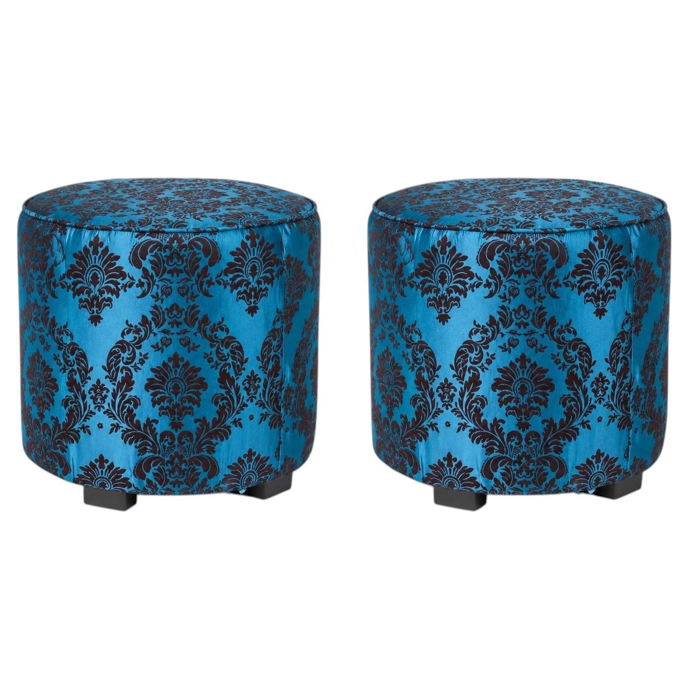 Paire de poufs ronds rembourrés de style Art déco marocain, fabrication américaine, 1980