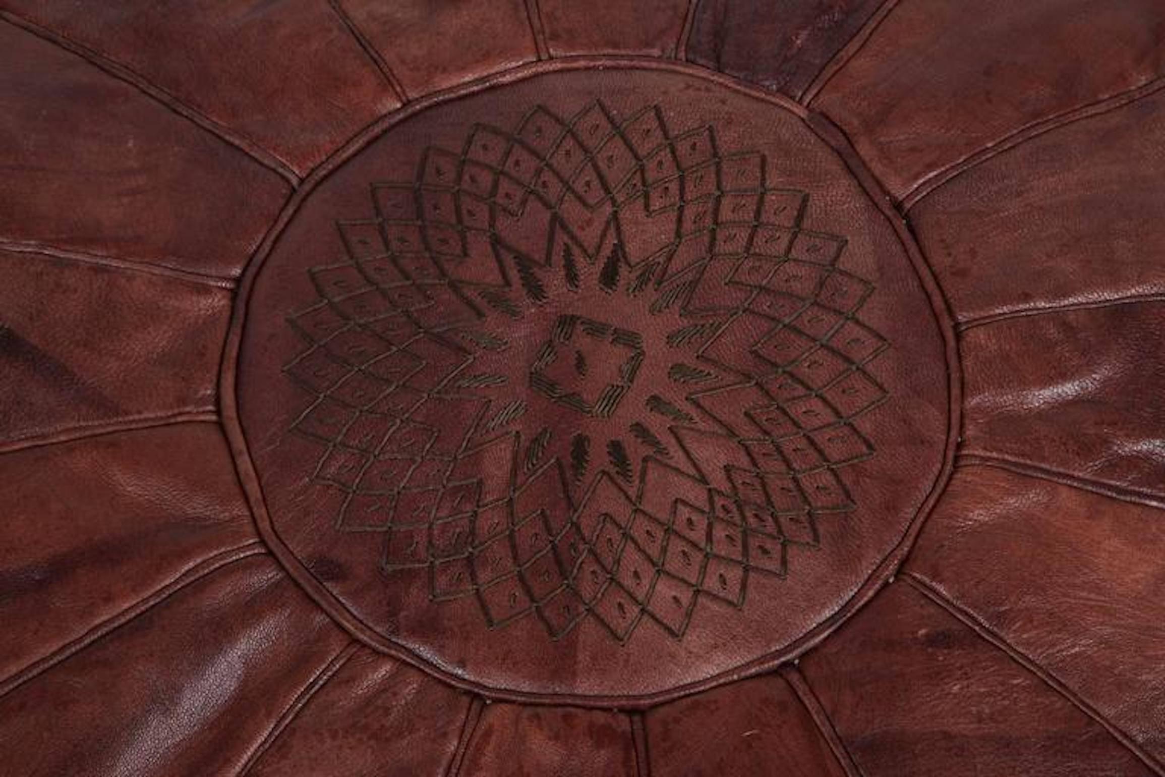 Moorish Pair of Large Brown Moroccan Leather Poufs