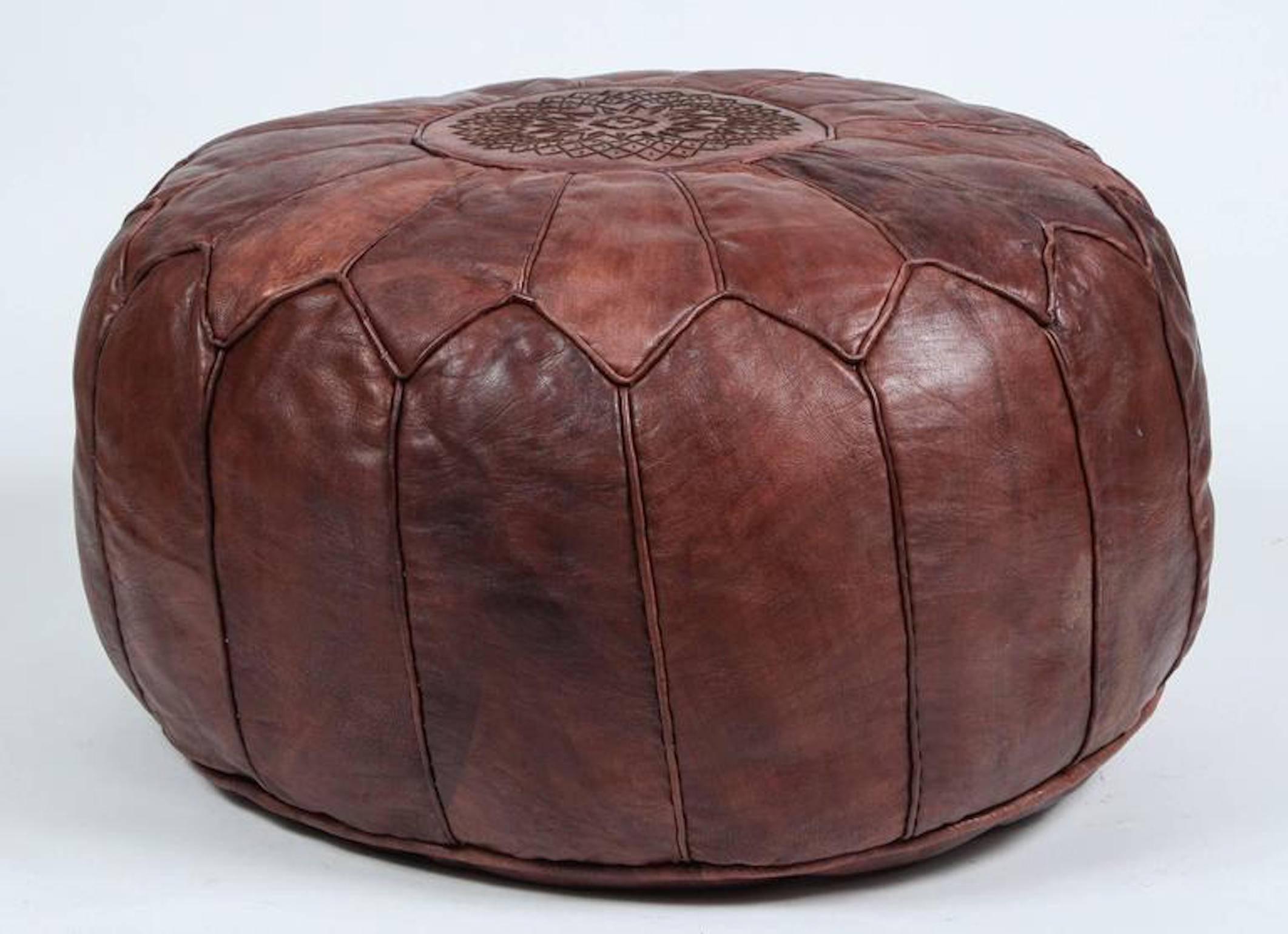 Hand-Crafted Pair of Large Brown Moroccan Leather Poufs