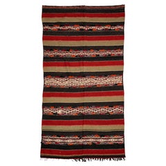 1950s Moroccan Zemmour Berber Kilim Rug in Red, Black and Olive, 5'6" x 11'