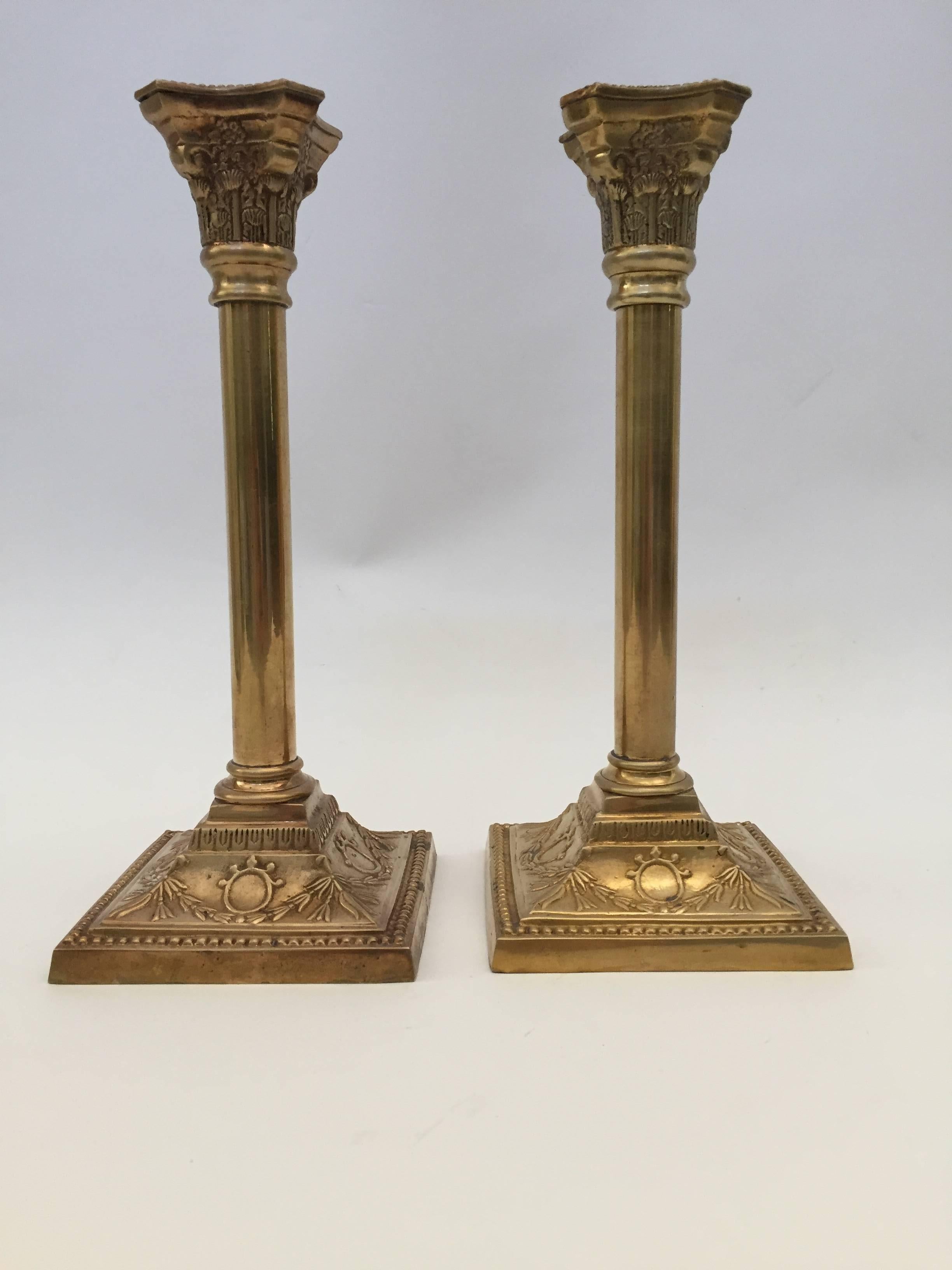 British Pair of Antique Victorian Brass Candlesticks Square Base For Sale