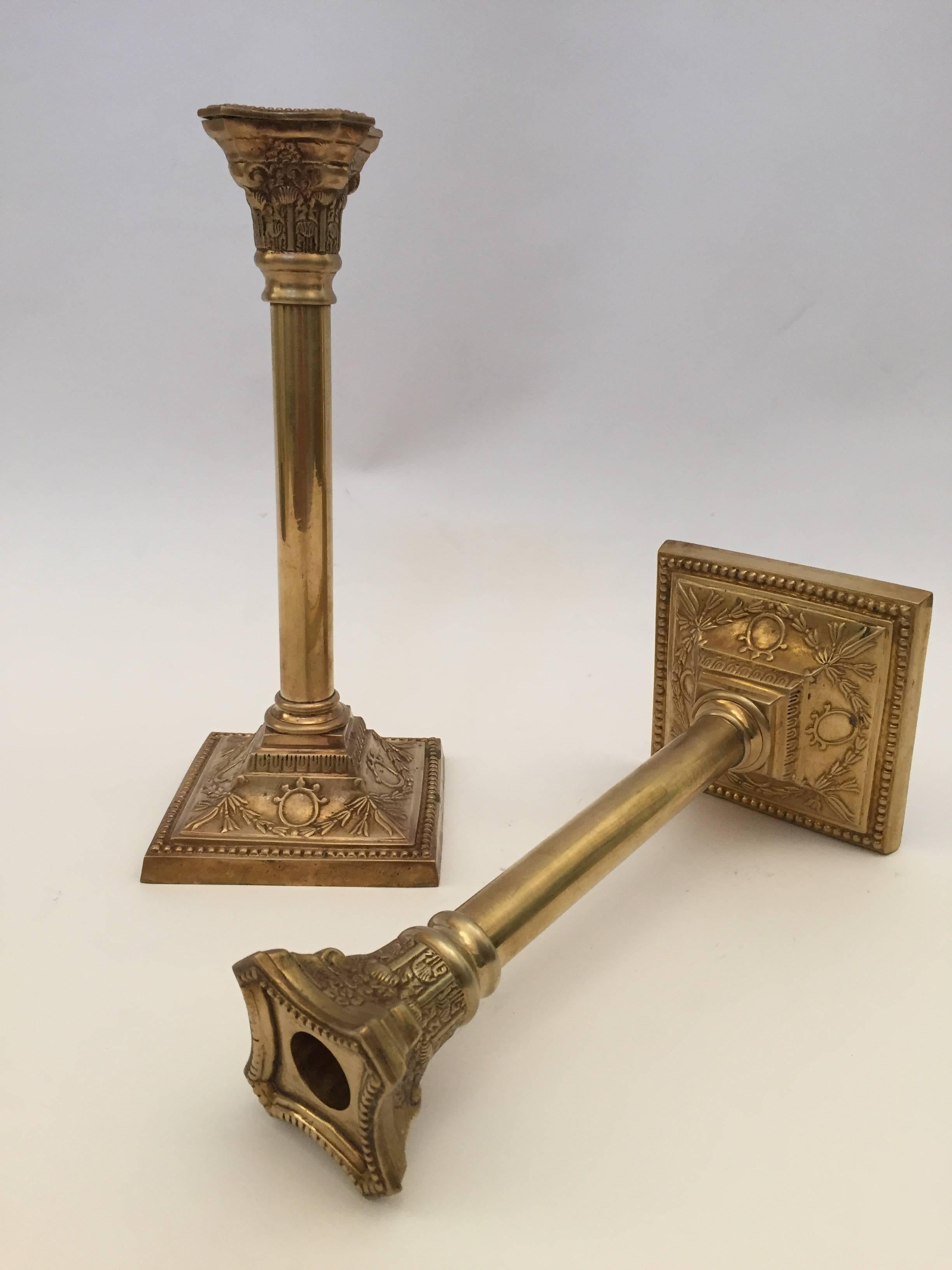 Georgian Pair of Antique Victorian Brass Candlesticks Square Base For Sale