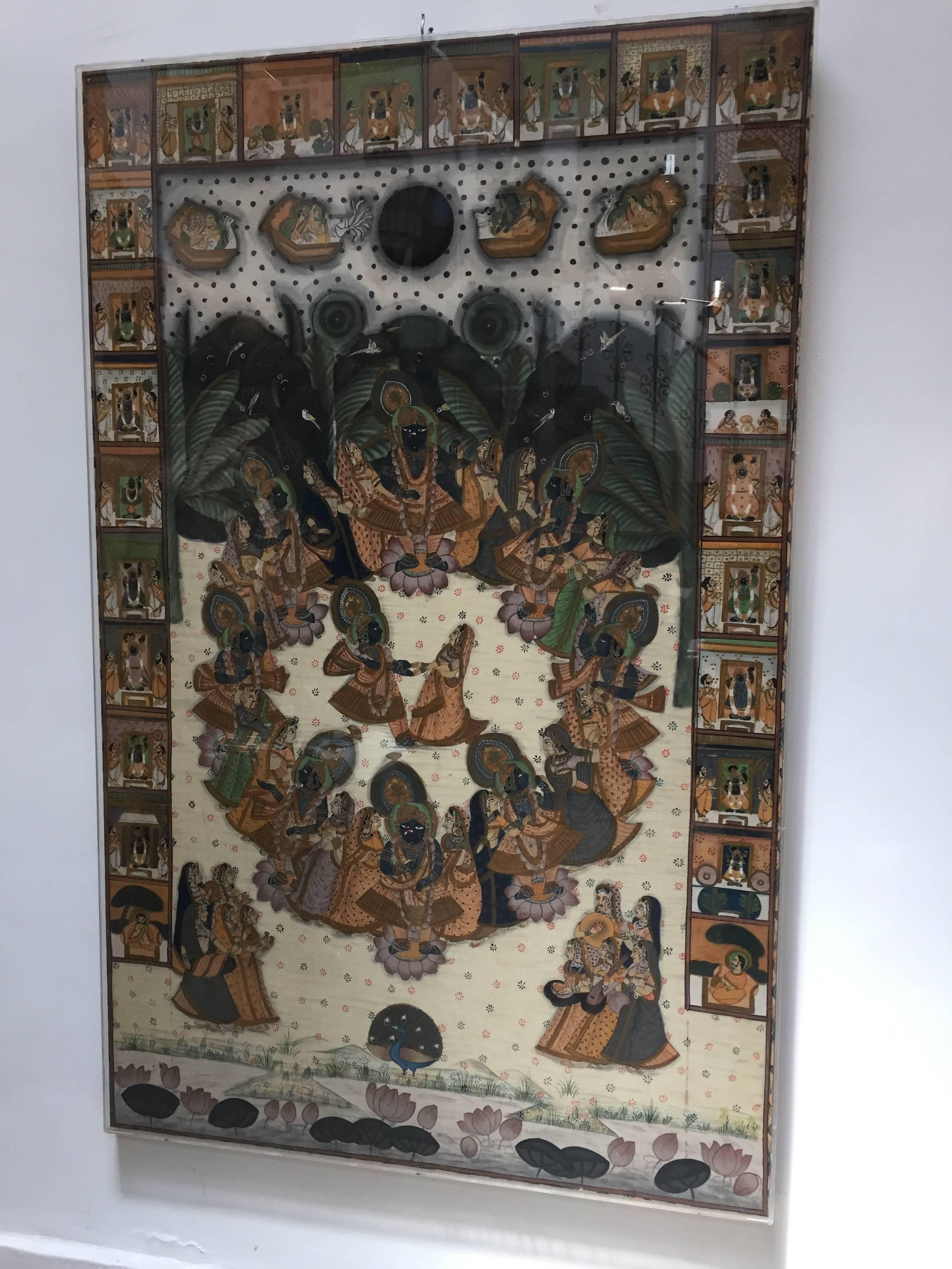 Anglo-Indian Large Pichhavai Painting Framed in an Acrylic Custom Box