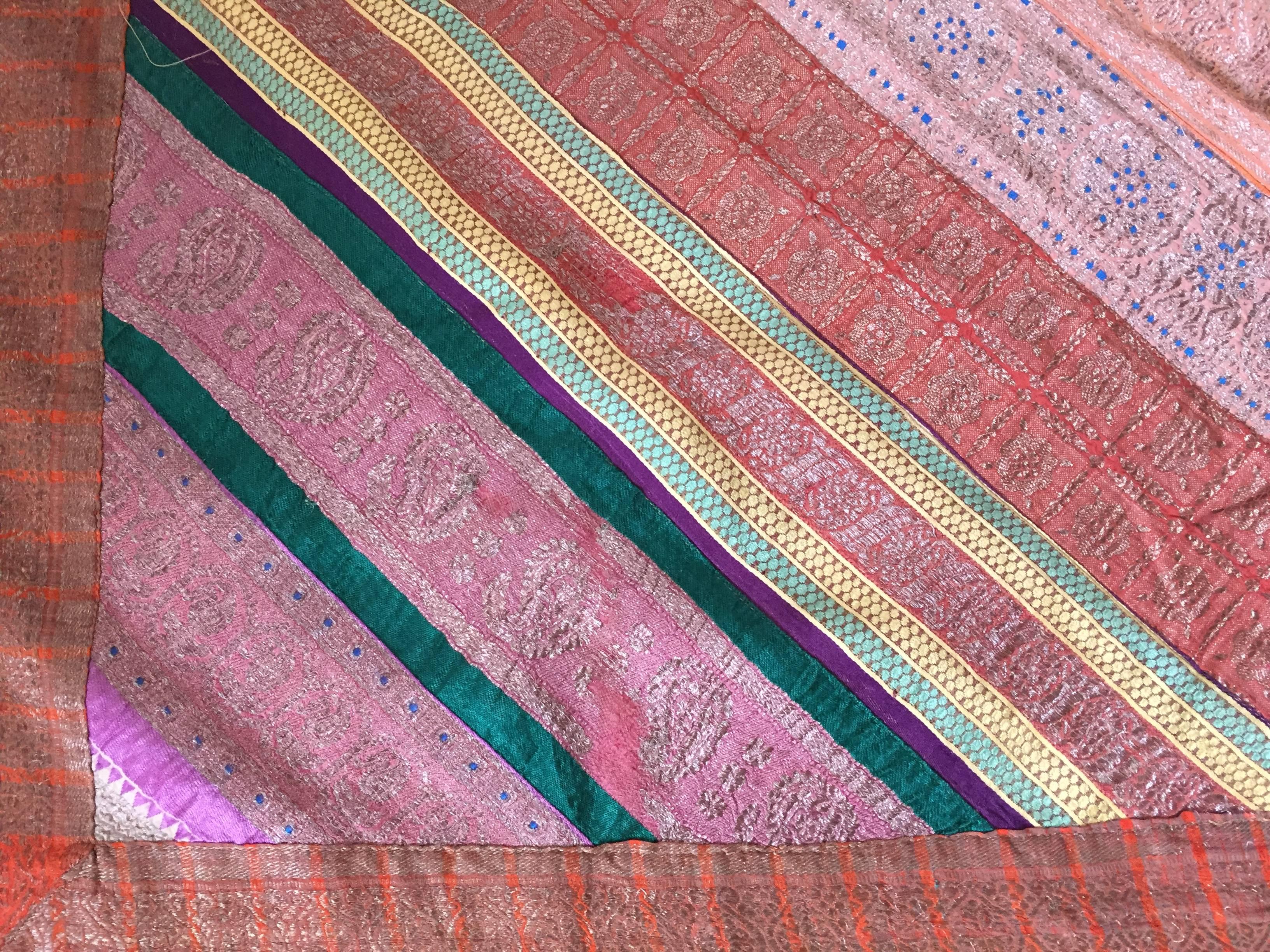 Hand-Crafted 1950s Vintage Silk Sari Textile Quilt Patchwork, India For Sale
