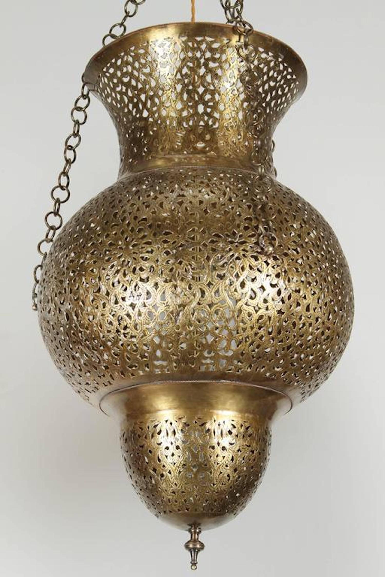 Hammered Moroccan Moorish Polished Brass Chandeliers a Pair