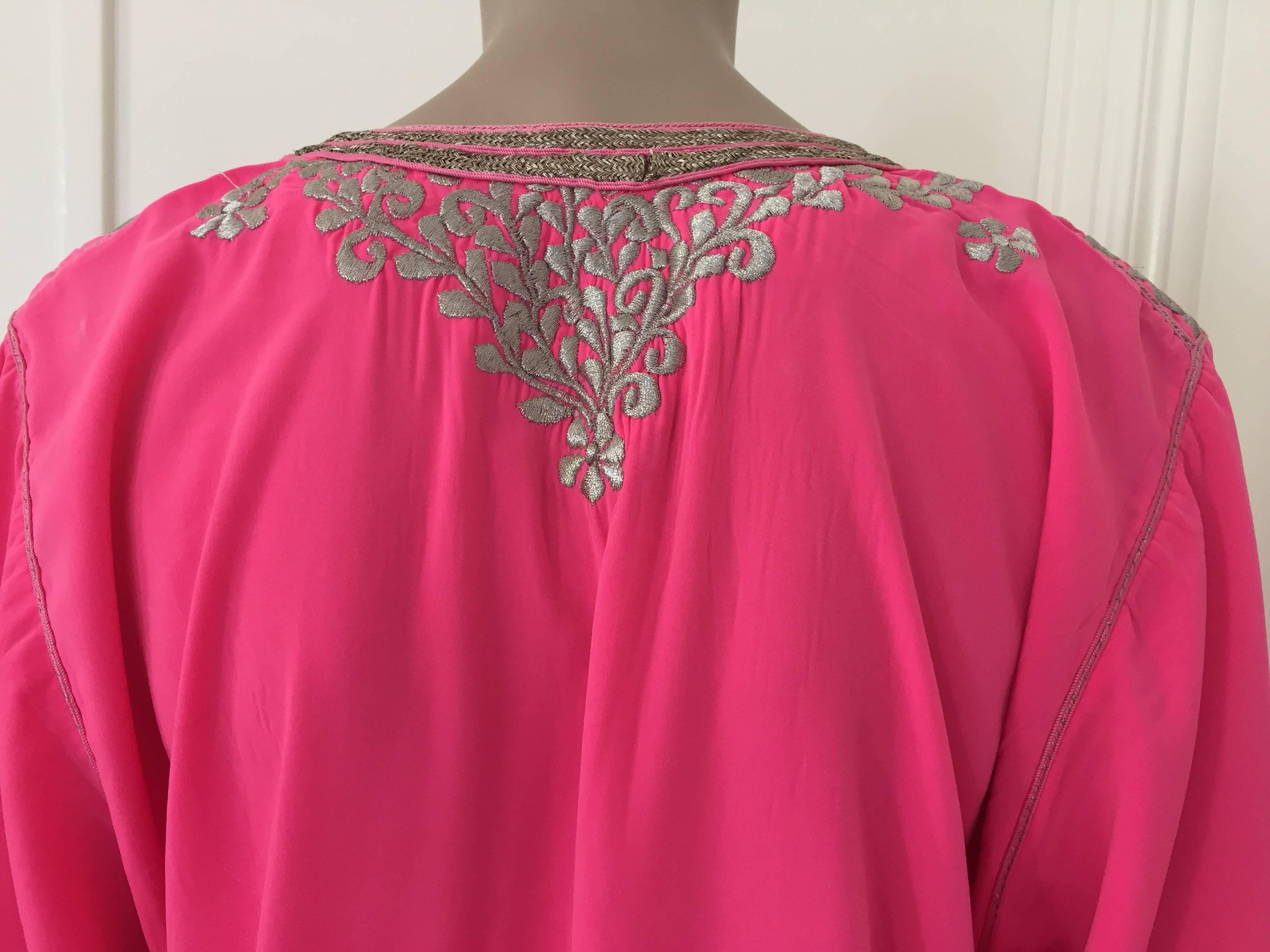 Moroccan Hot Pink Caftan with Silver Embroideries Maxi Dress Kaftan Size L to XL 2