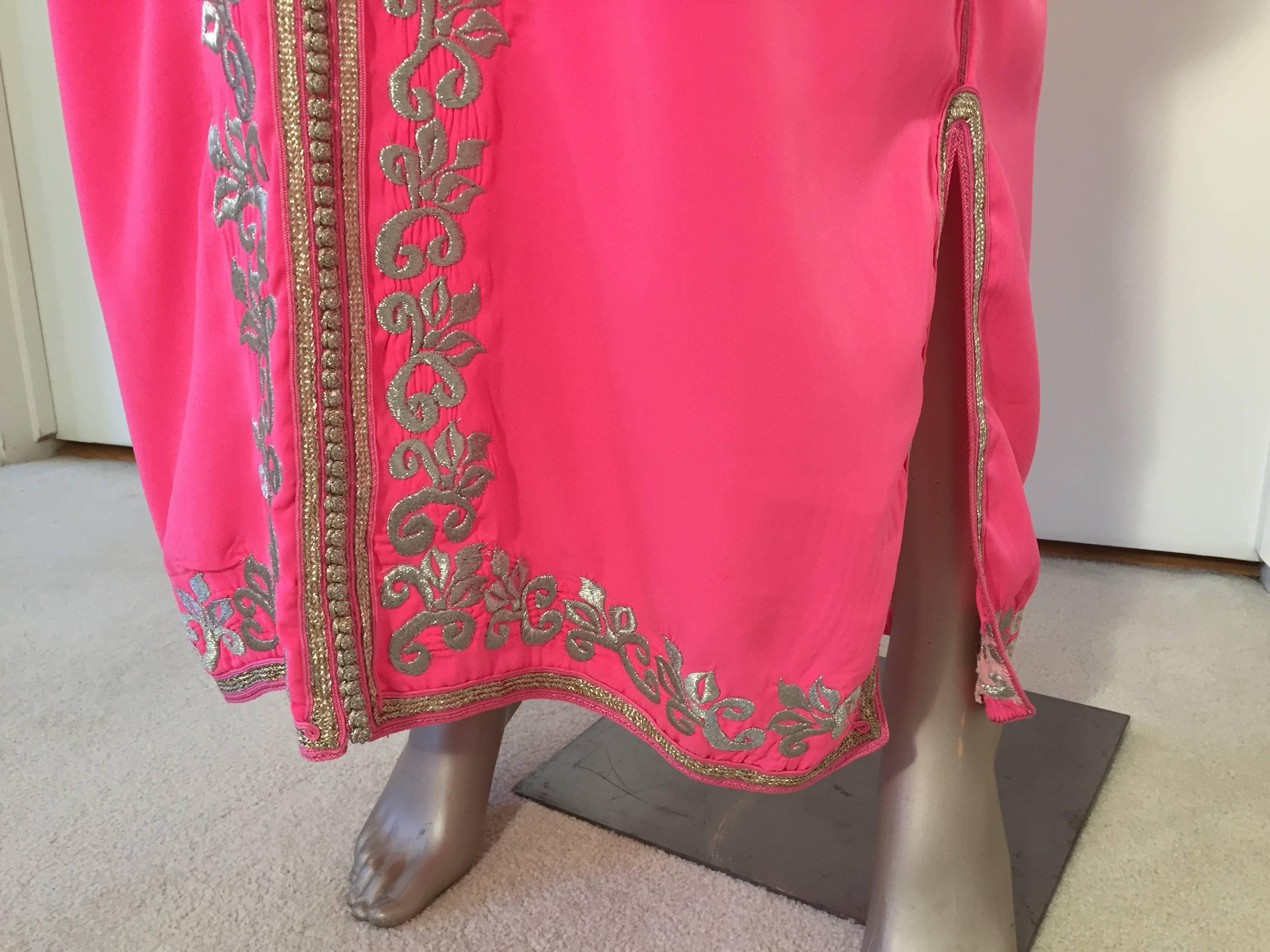 Moorish Moroccan Hot Pink Caftan with Silver Embroideries Maxi Dress Kaftan Size L to XL