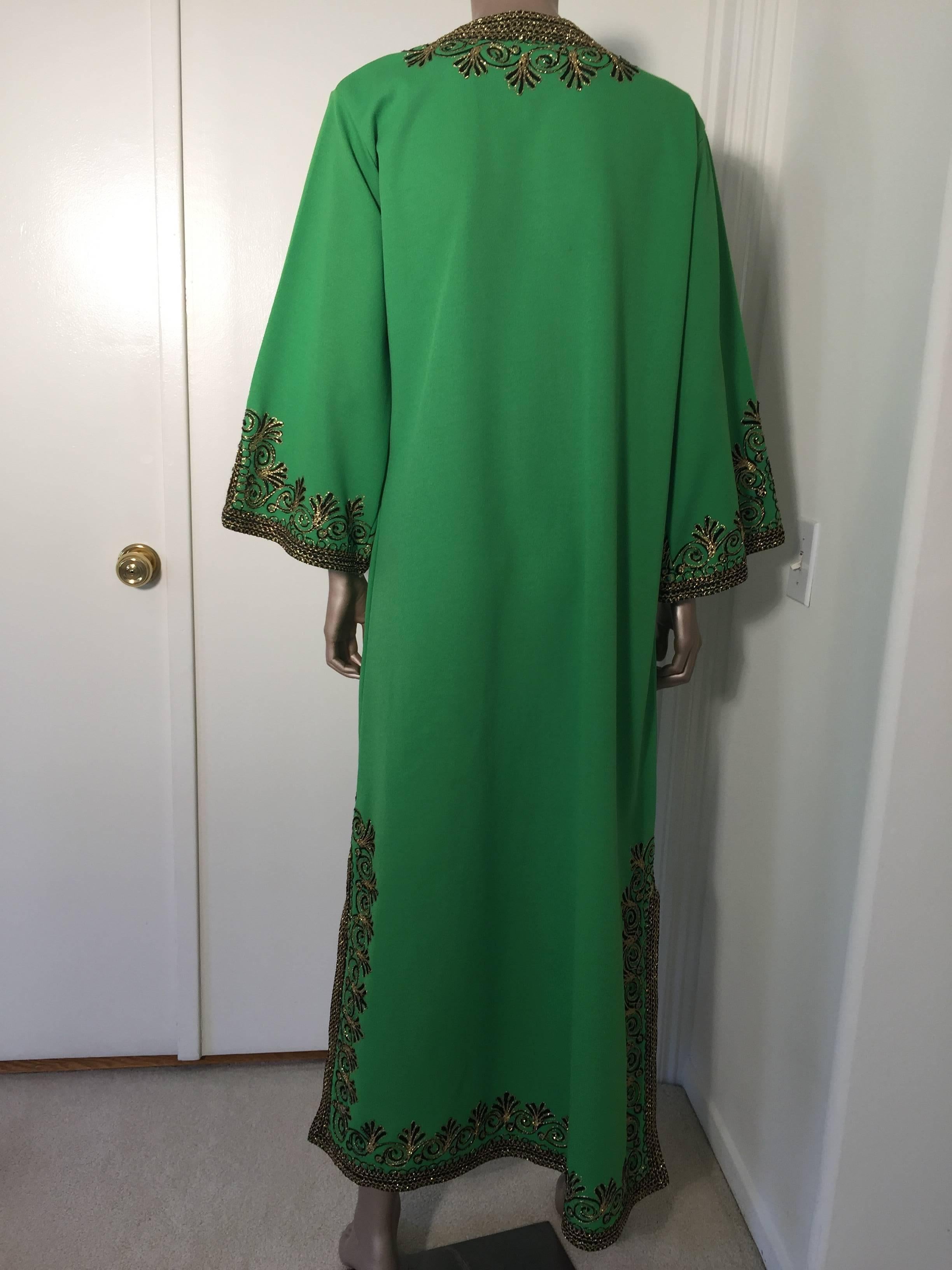 Moroccan Vintage Caftan Green Maxi Dress circa 1970 Size L 3