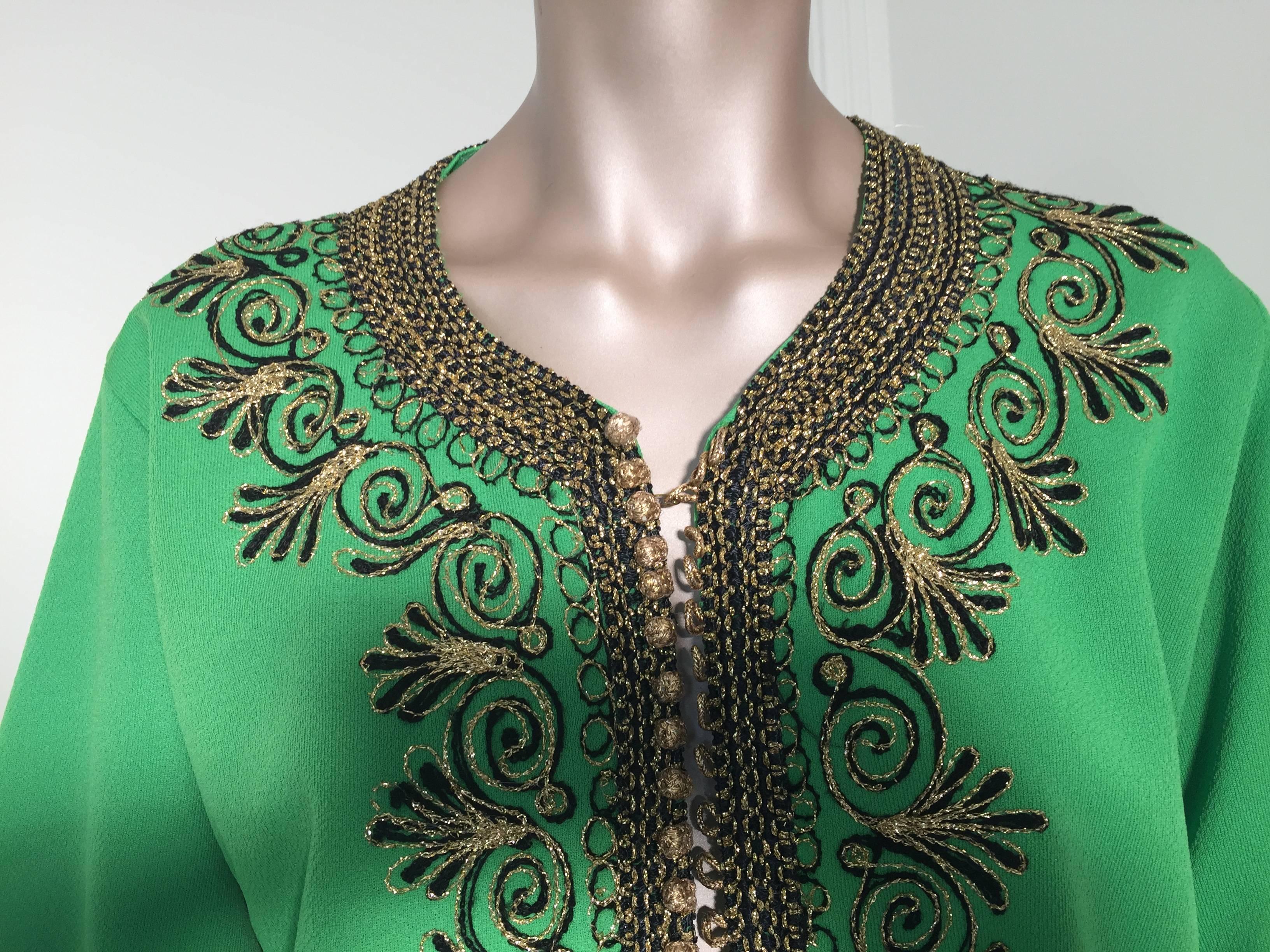 Bohemian Moroccan Vintage Caftan Green Maxi Dress circa 1970 Size L