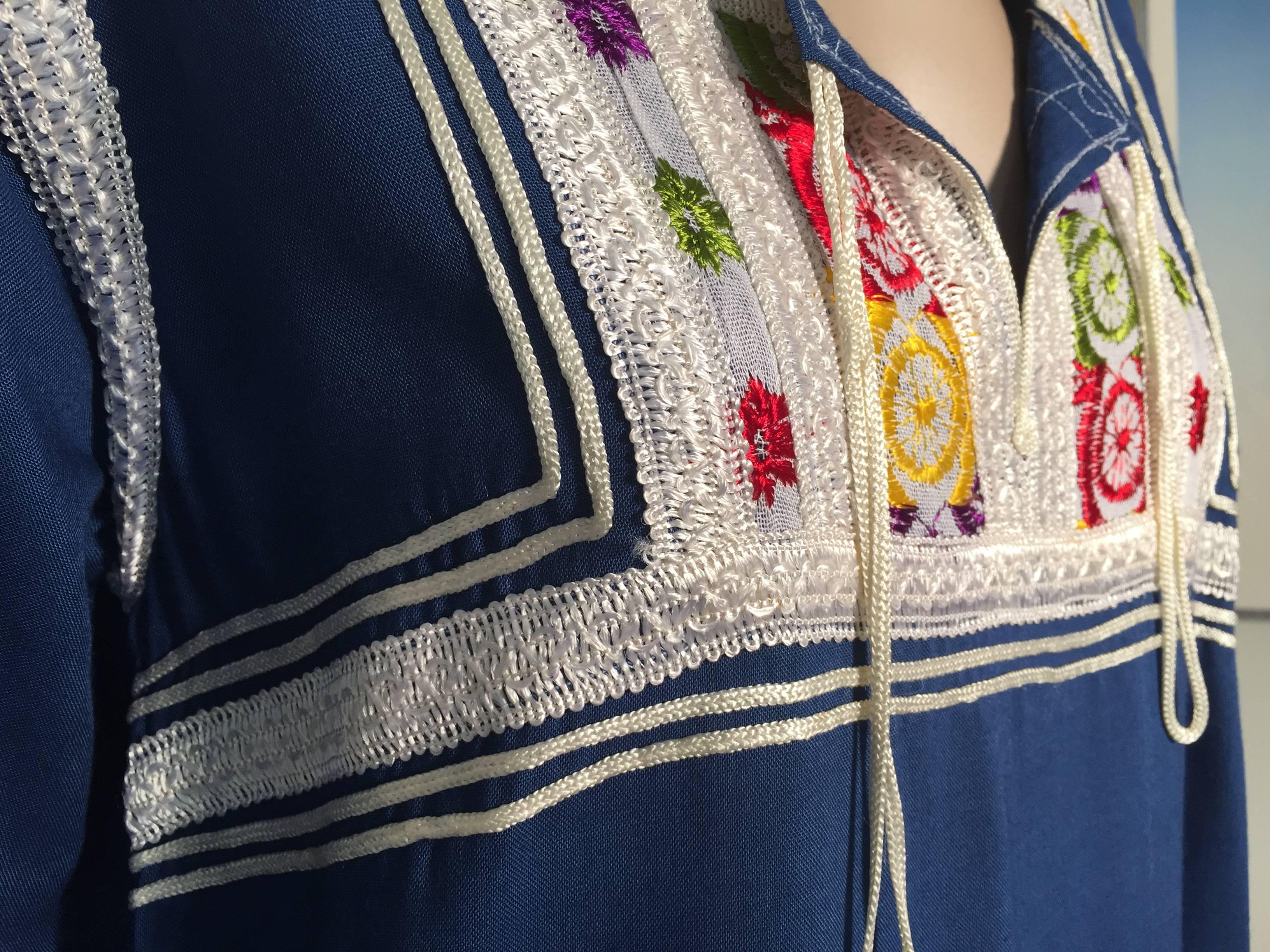 Embroidered Moroccan Vintage Blue Caftan, 1970 Maxi Dress Kaftan by Glenn Boston Size M For Sale