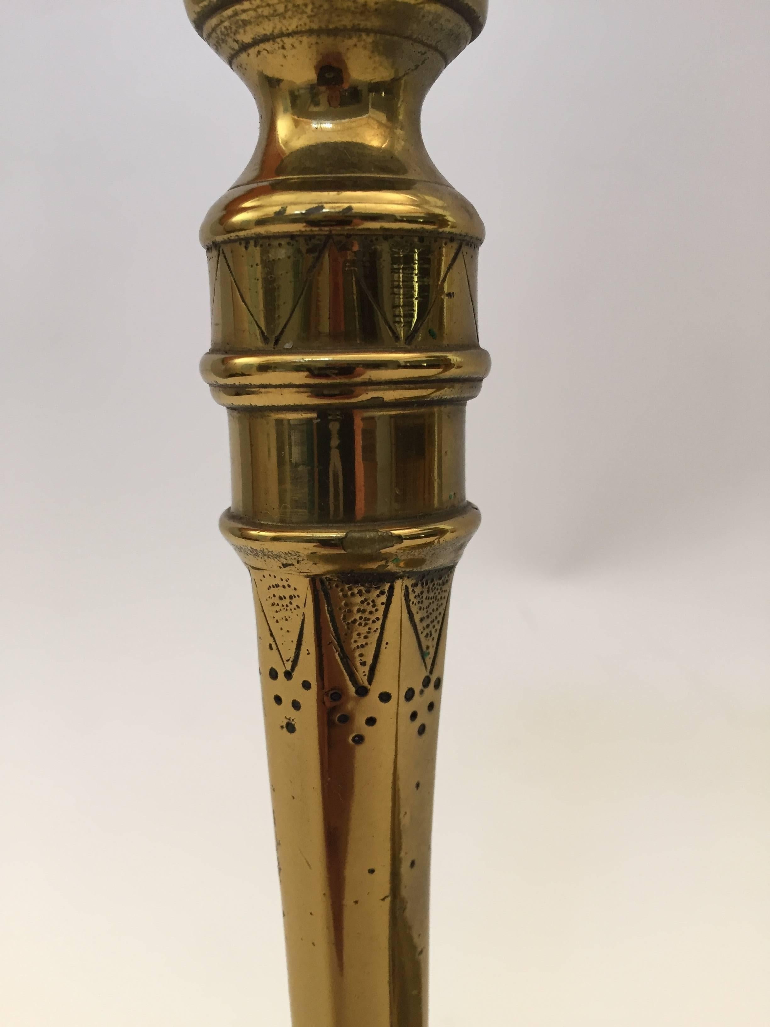 Hand-Crafted Pair of French 19th C. Hand Tooled Brass Candlesticks For Sale