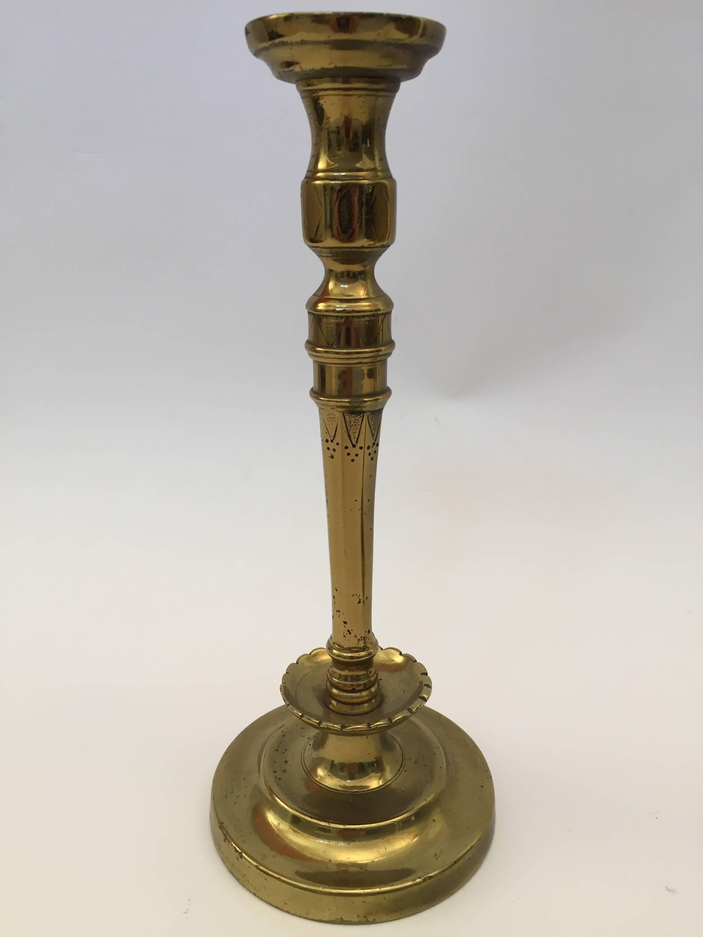 19th Century Pair of French 19th C. Hand Tooled Brass Candlesticks For Sale