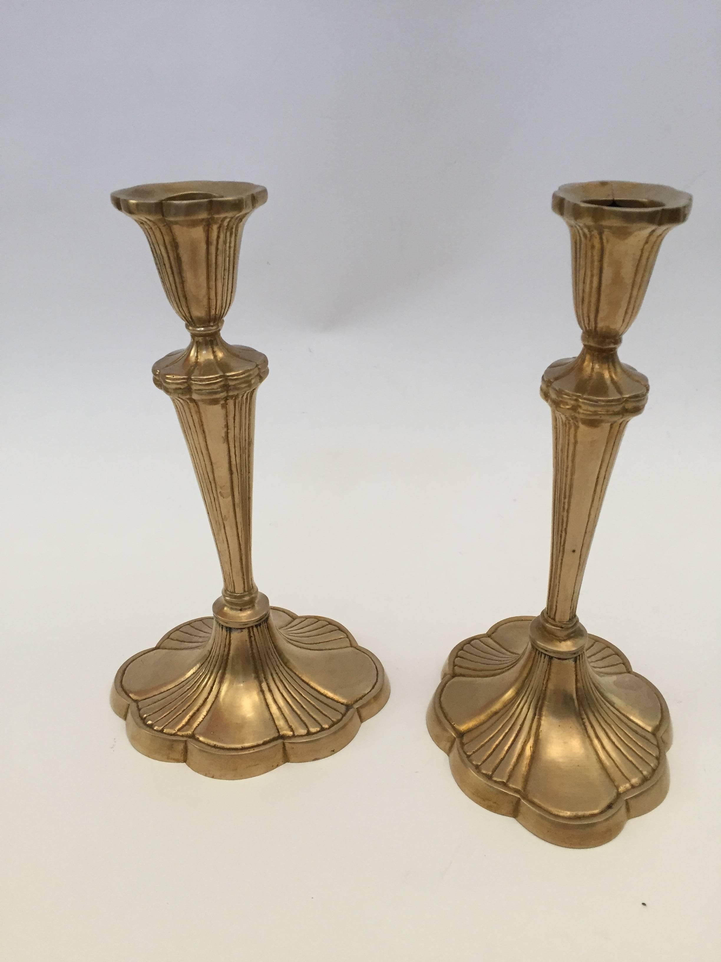 Hand-Crafted Pair of Art Nouveau Brass Candlesticks For Sale