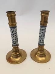 Pair of Victorian Brass Candlesticks with Ceramic
