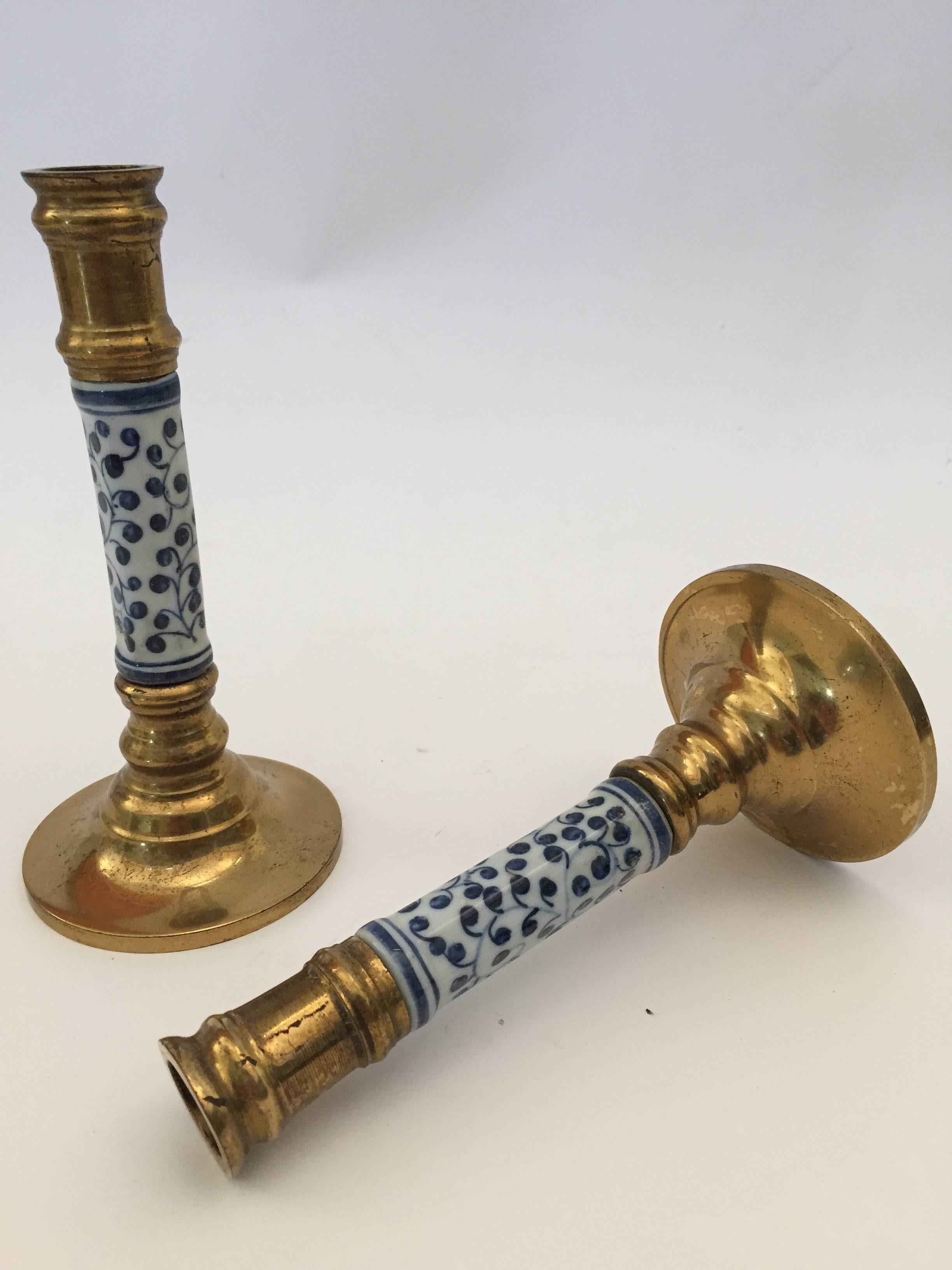 Late Victorian Pair of Victorian Brass Candlesticks with Ceramic