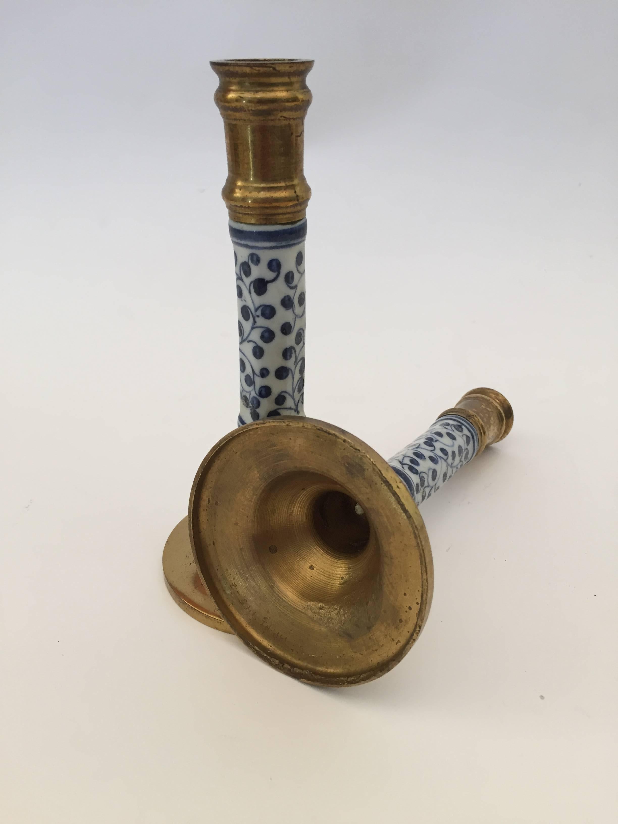 English Pair of Victorian Brass Candlesticks with Ceramic