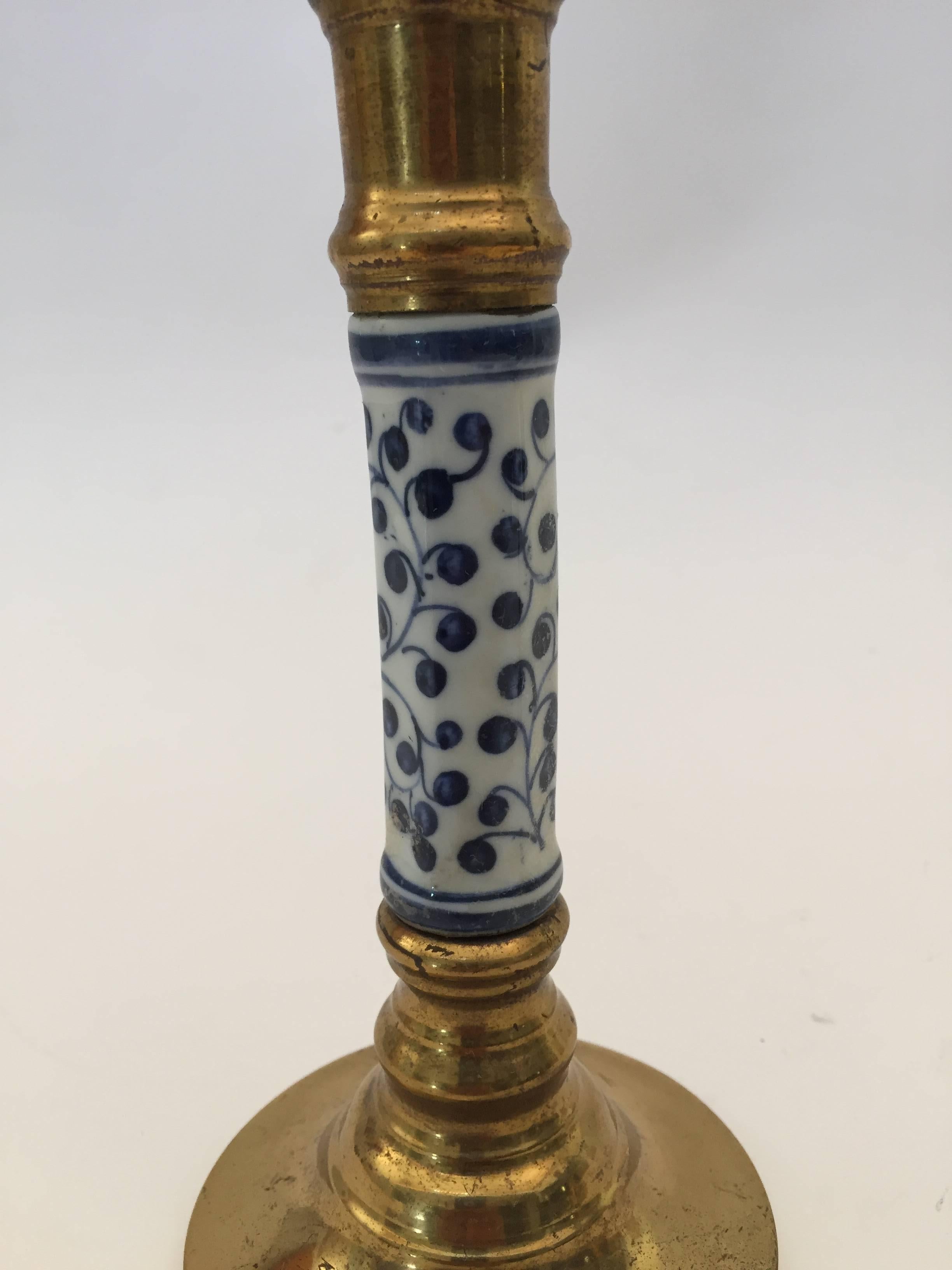Polished Pair of Victorian Brass Candlesticks with Ceramic