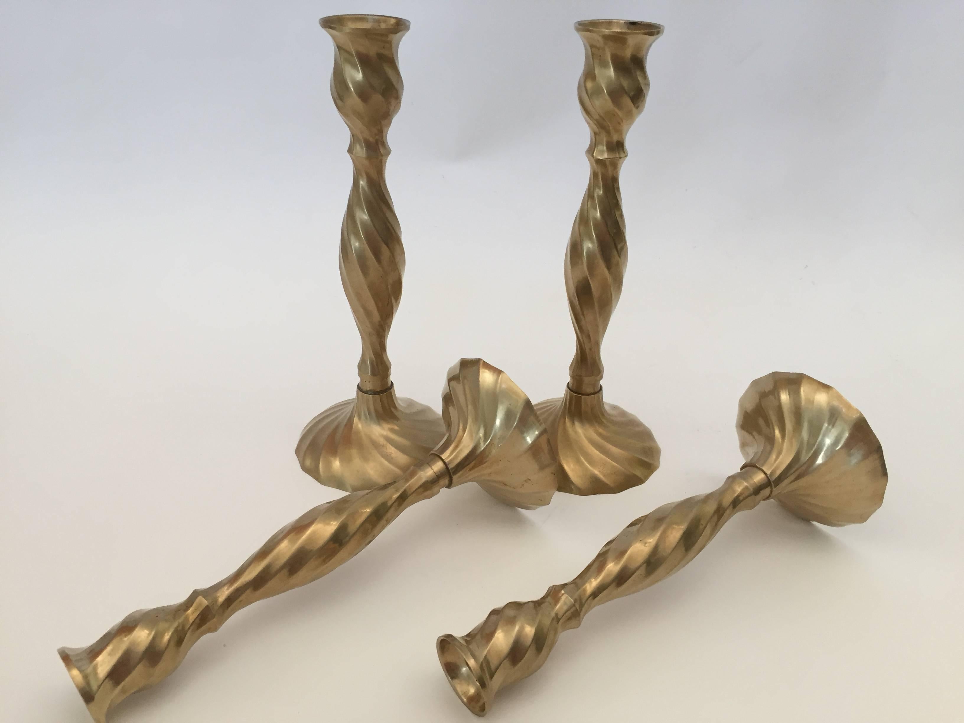 Four English brass swirl base candlesticks.
Nice tooled bases.
Size
Two large :11