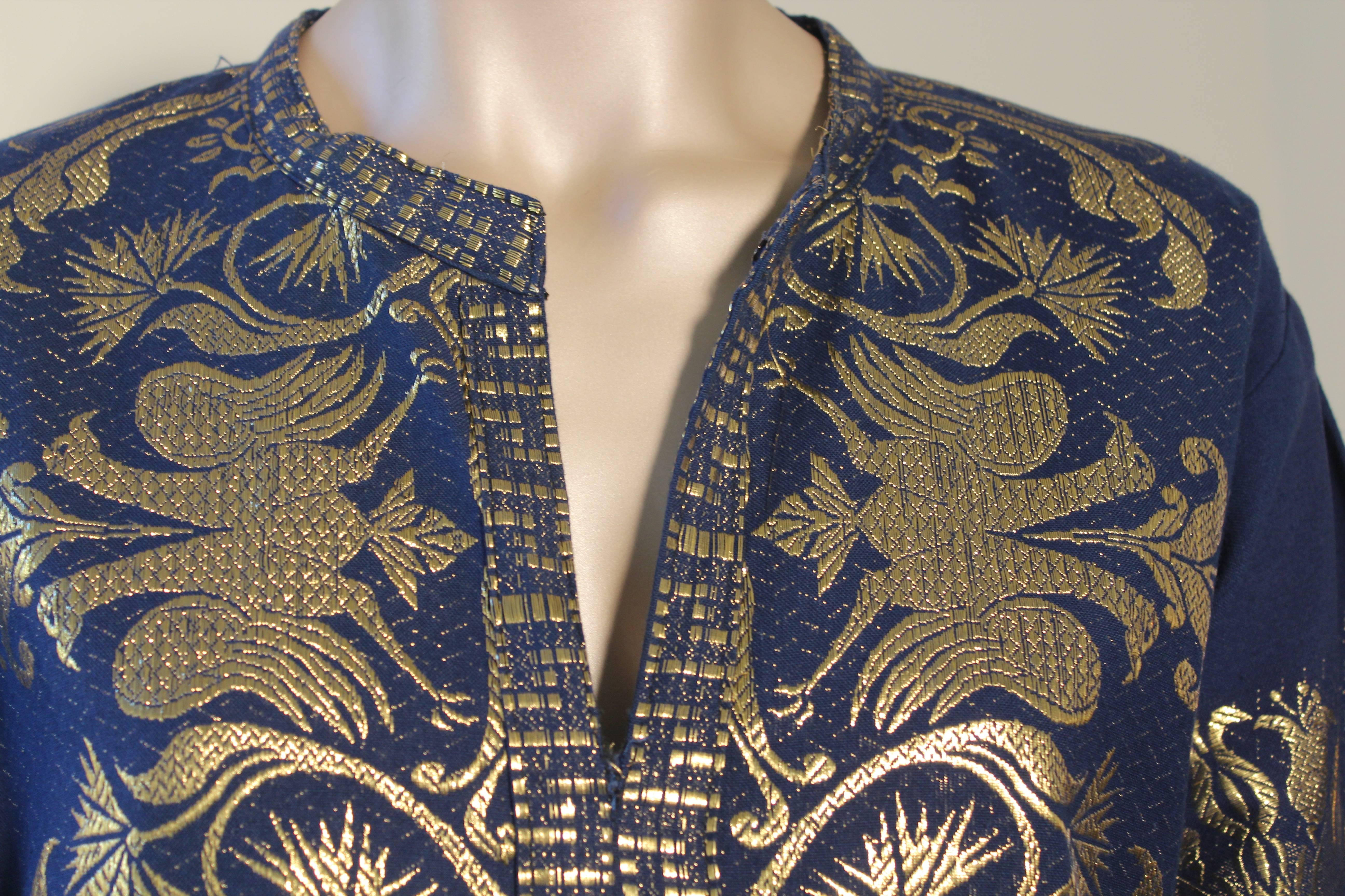 Bohemian 1970s Blue and Gold Brocade Caftan Maxi Dress Kaftan Long Sleeves Size M