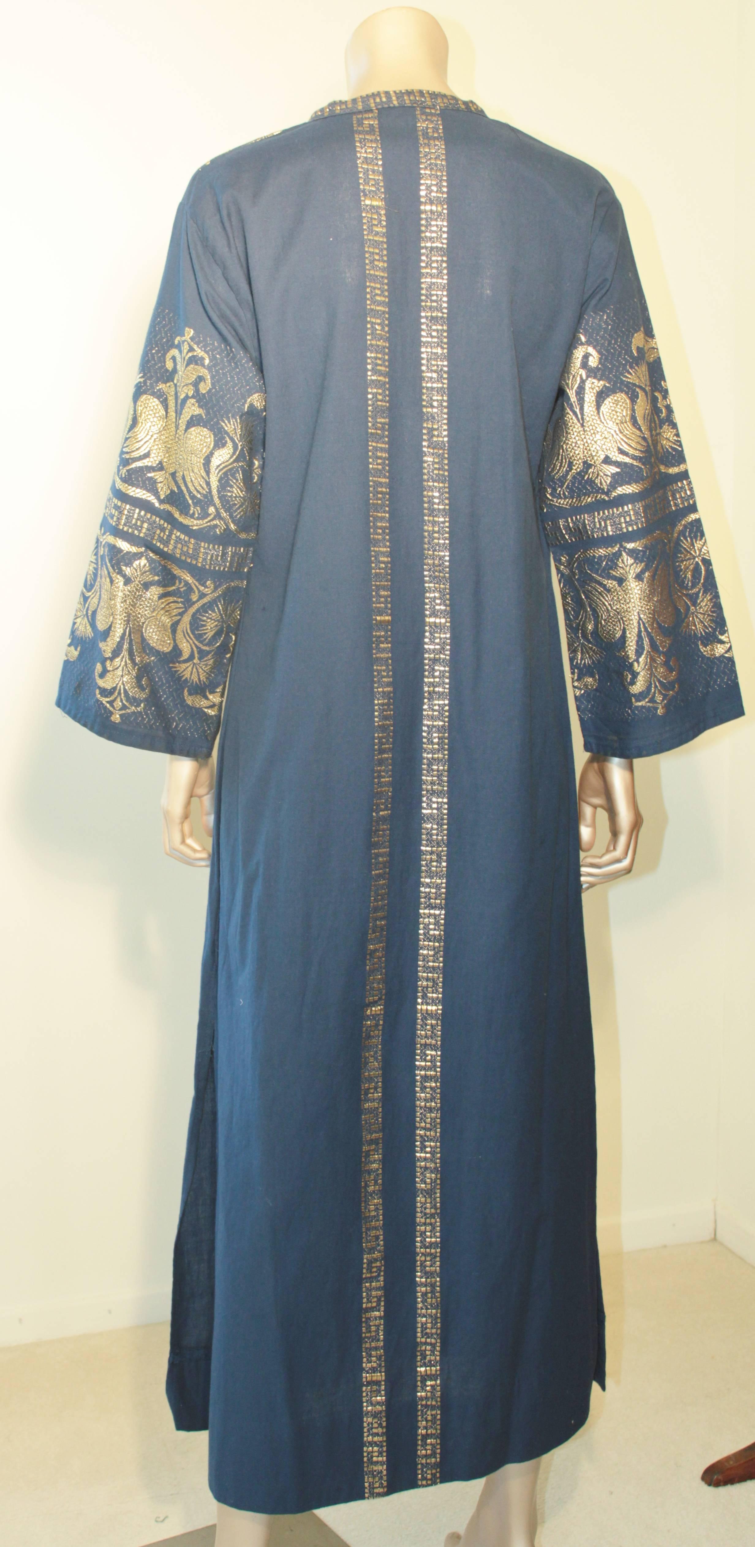 Hand-Crafted 1970s Blue and Gold Brocade Caftan Maxi Dress Kaftan Long Sleeves Size M