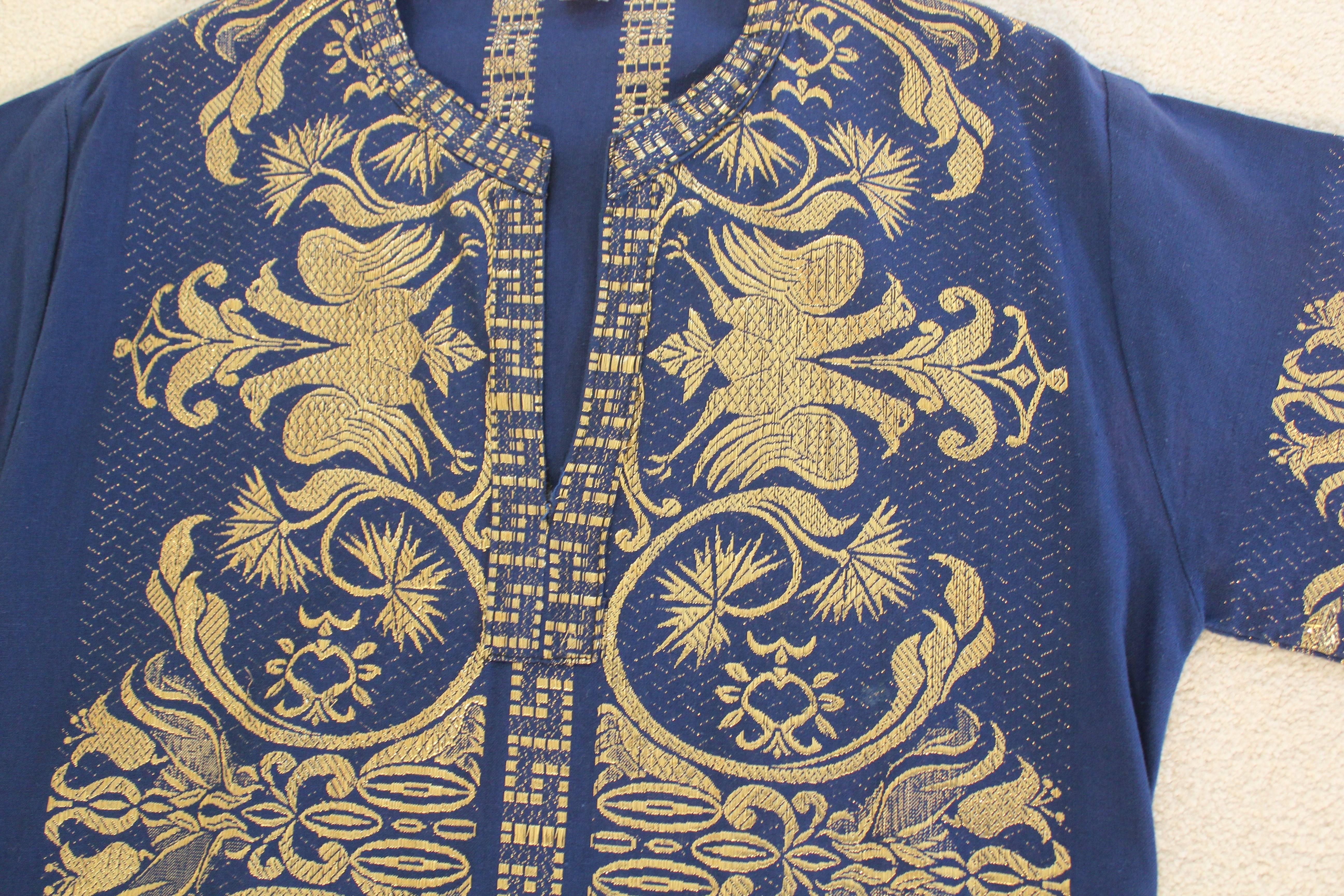 20th Century 1970s Blue and Gold Brocade Caftan Maxi Dress Kaftan Long Sleeves Size M
