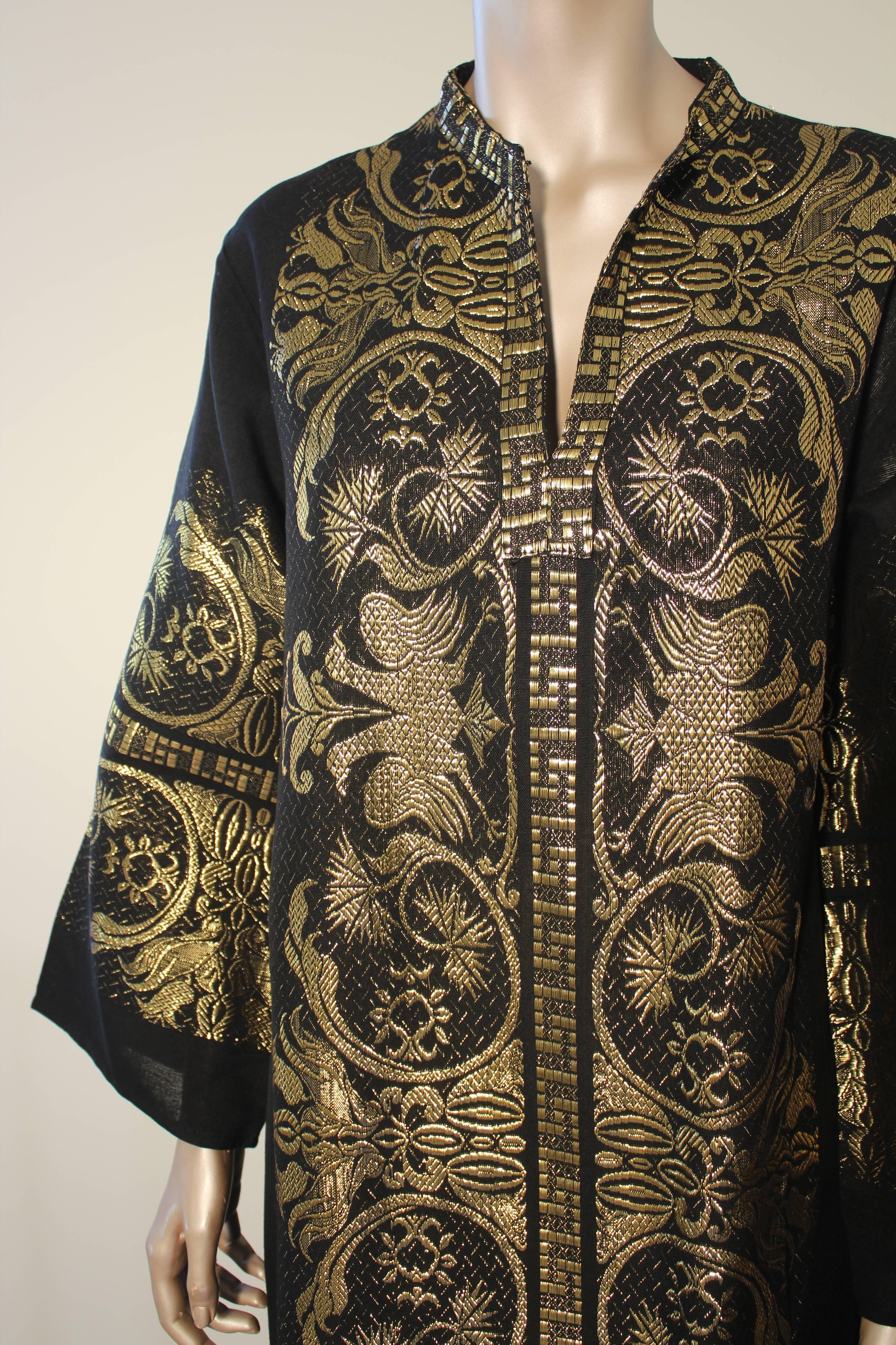 Bohemian Caftan Black and Gold, 1970s, Maxi Dress Greek Kaftan Size M to L